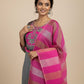 GREY & FUCHSIA PINK CHANDERI TISSUE SUIT EMBELLISHED WITH ZARDOZI WORK, PAIRED WITH A CRUSHED STRIPE DUPATTA