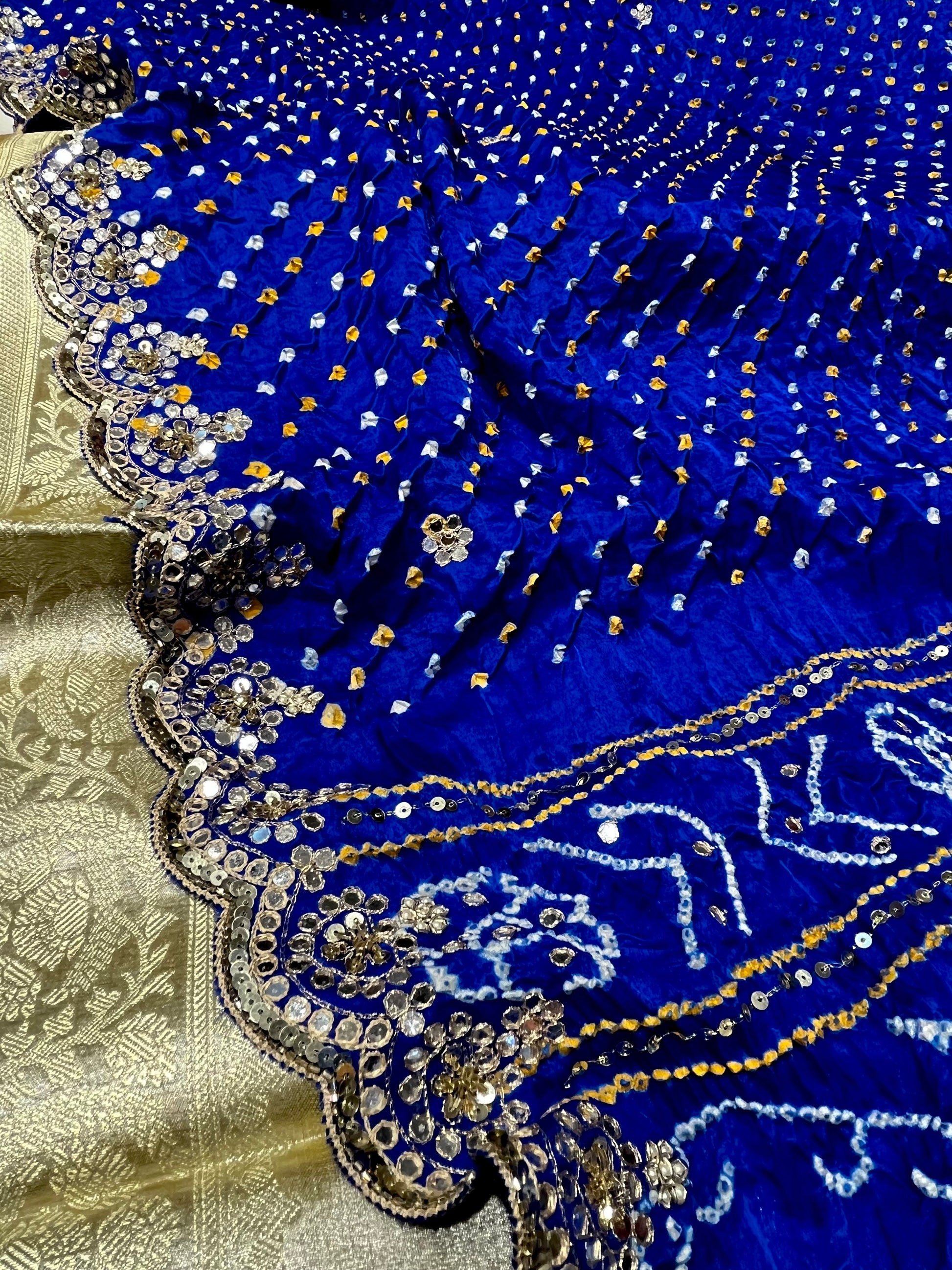 SAPPHIRE BLUE SATIN SILK BANDHANI SAREE WITH FOIL MIRROR WORK - Kothari Sons