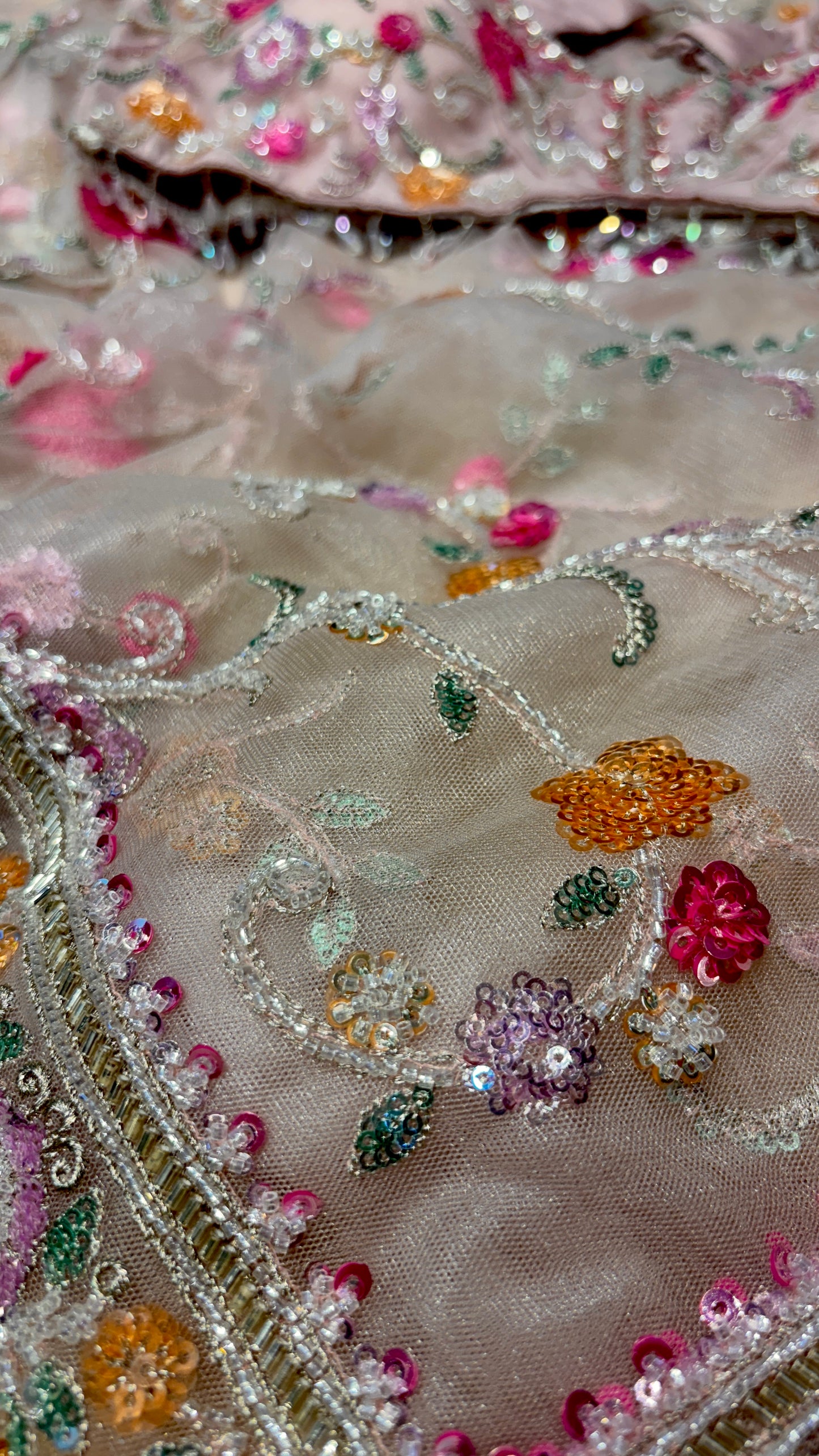 PINK NET SAREE WITH SEQUINS EMBROIDERY AND READYMADE BLOUSE