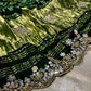 BOTTLE GREEN SATIN SILK BANDHANI SAREE WITH FOIL MIRROR WORK - Kothari Sons