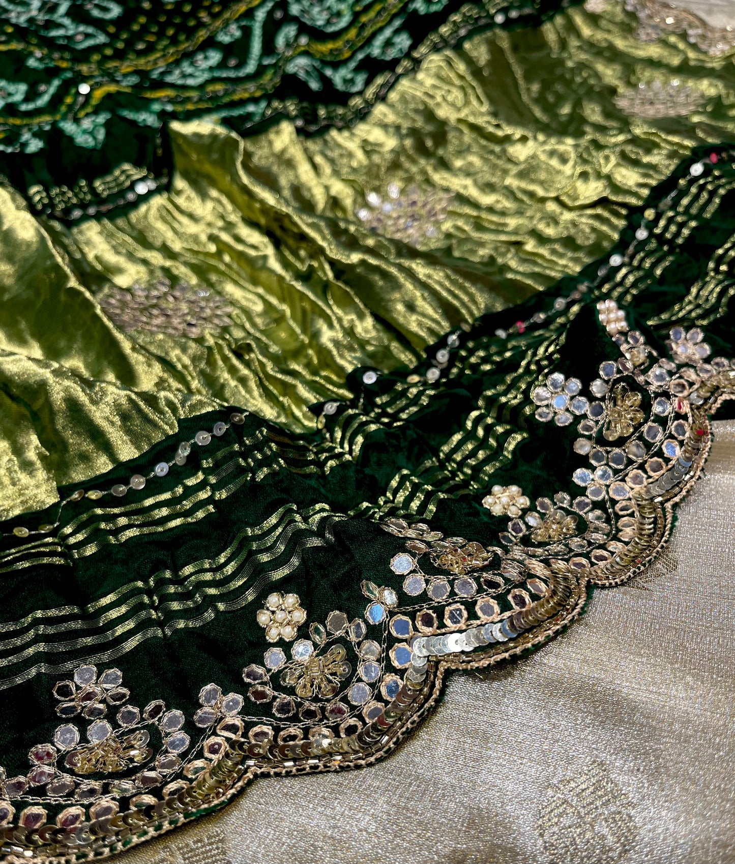 BOTTLE GREEN SATIN SILK BANDHANI SAREE WITH FOIL MIRROR WORK - Kothari Sons