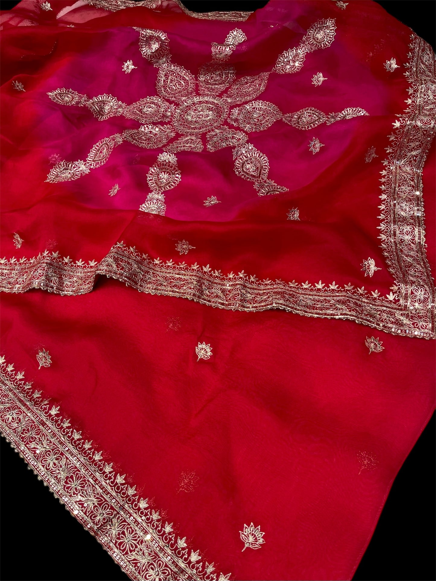 SHADED ORGANZA SAREE EMBELLISHED WITH AARI & SEQUIN WORK, PAIRED WITH A READYMADE BLOUSE
