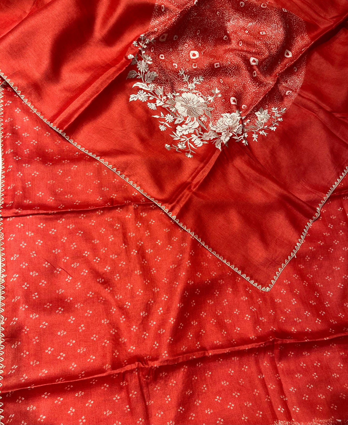 TERRACOTTA RED COLOUR PURE TUSSAR SILK SAREE WITH PARSI EMBROIDERY