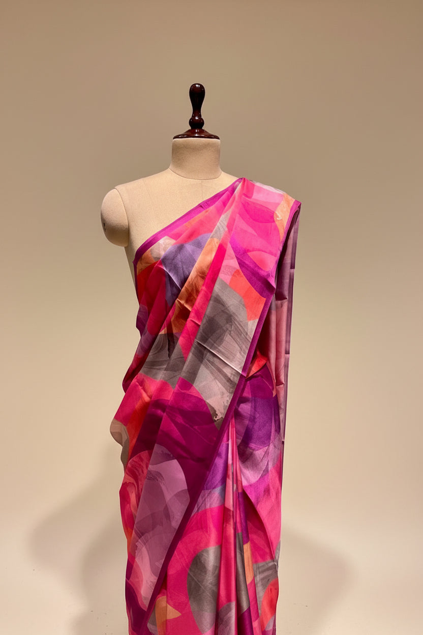 BRIGHT PINK PURE SATIN PRINTED SAREE
