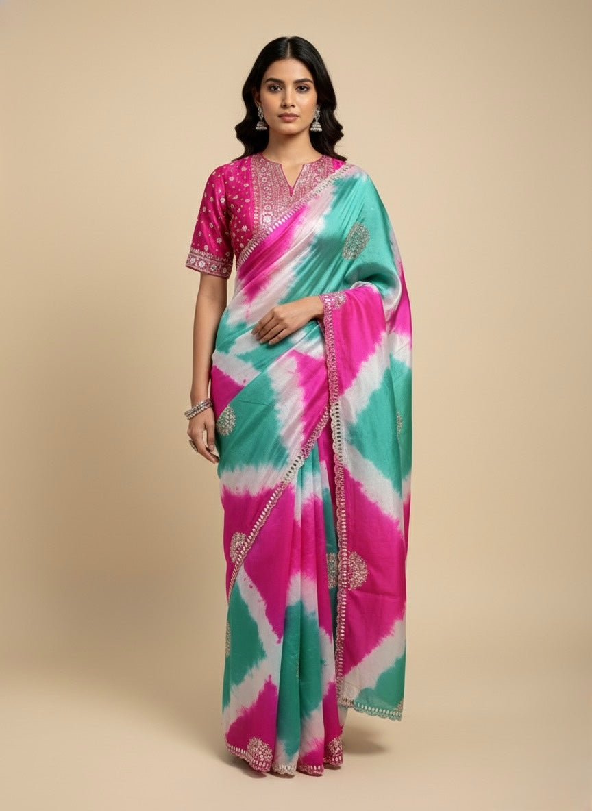PURE SILK TIE-DYE SAREE WITH READYMDE BLOUSE EMBELLISHED WITH GOTA PATTI WORK - Kothari Sons