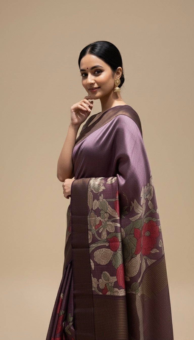 TAUPE MAUVE COLOUR PURE TUSSAR SILK PRINTED SAREE WITH ZARI BORDER