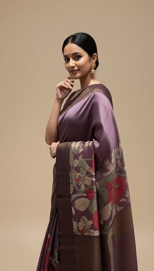TAUPE MAUVE COLOUR PURE TUSSAR SILK PRINTED SAREE WITH ZARI BORDER