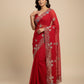 CRIMSON RED CHIFFON EMBROIDERED SAREE WITH AARI & CUTDANA WORK - Kothari Sons