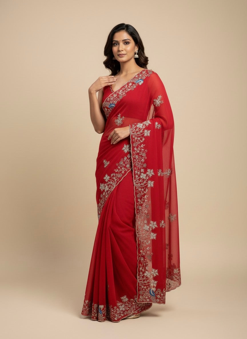 CRIMSON RED CHIFFON EMBROIDERED SAREE WITH AARI & CUTDANA WORK - Kothari Sons