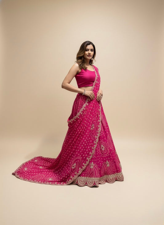HOT PINK PURE GEORGETTE OJARIYA BANDHANI LEHENGA EMBELLISHED WITH GOTA PATTI & ZARDOZI WORK