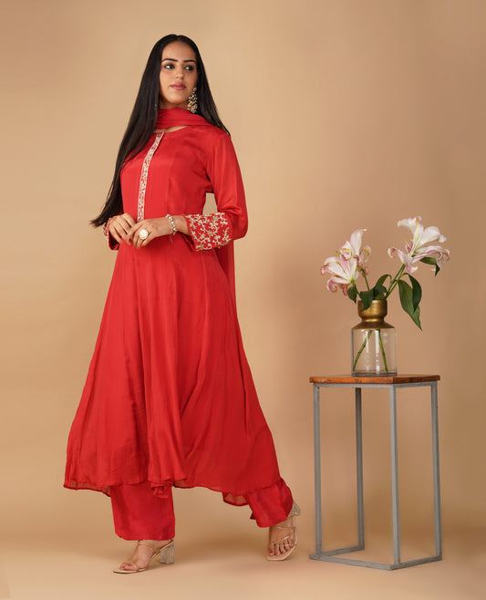 (DELIVERY IN 20 DAYS) RED CHINON ANARKALI SUIT WITH INTRICATE ZARI, CUTDANA, SEQUINS & PEARL EMBROIDERY, PAIRED WITH PALAZZO & DUPATTA