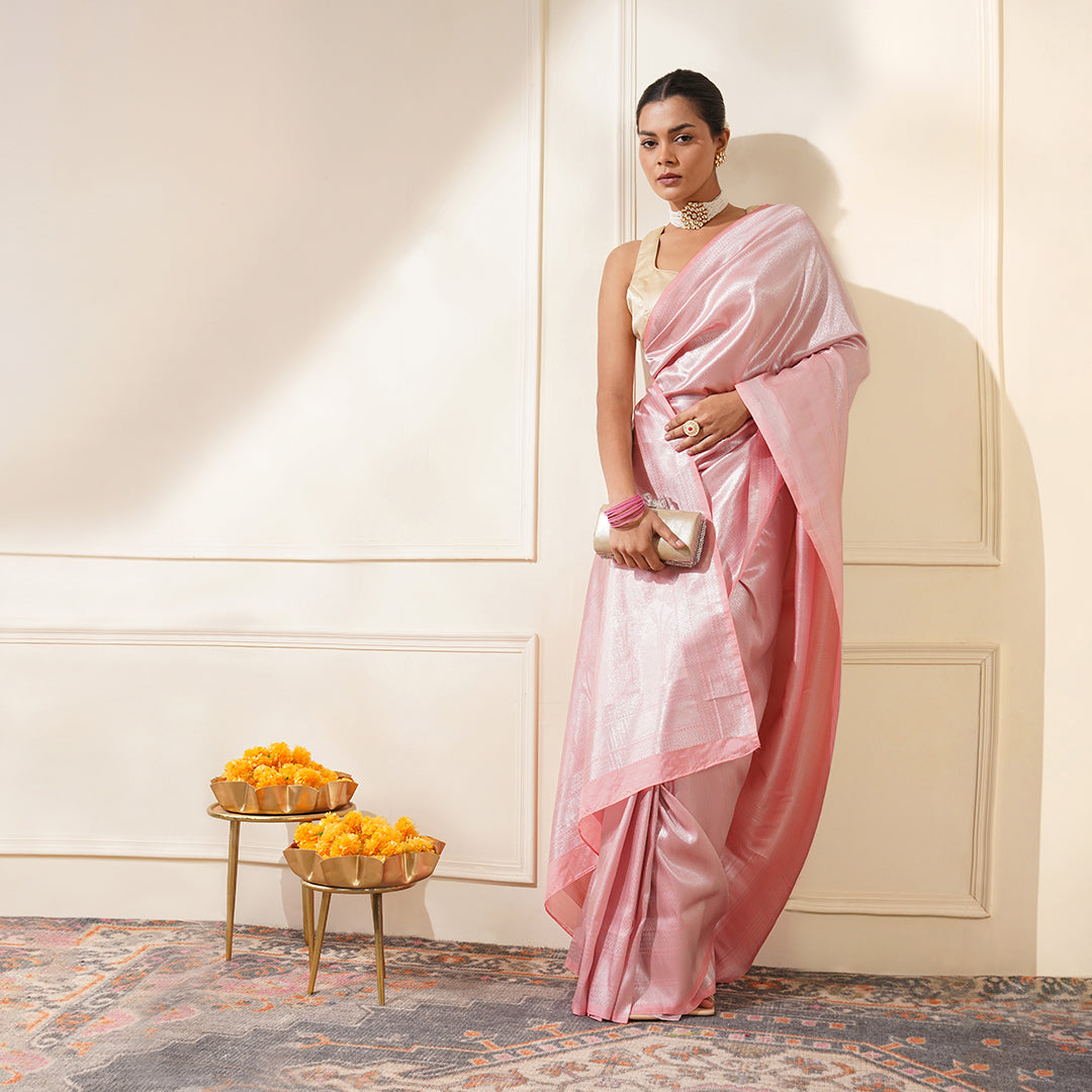 PINK COLOUR, SILVER ZARI BROCADE SAREE