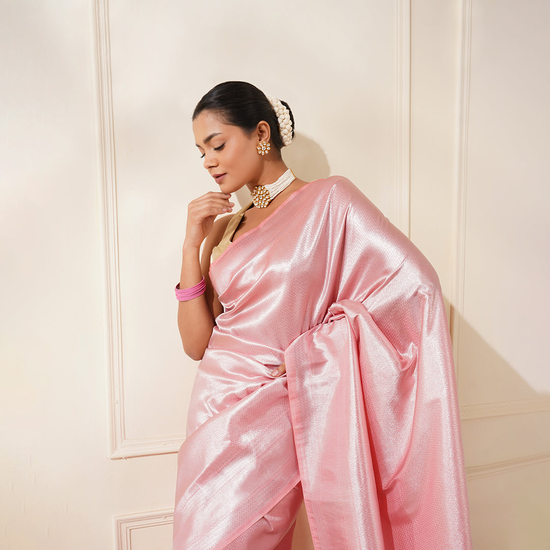 PINK COLOUR, SILVER ZARI BROCADE SAREE