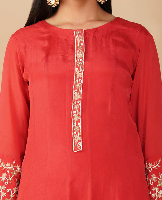 (DELIVERY IN 20 DAYS) RED CHINON ANARKALI SUIT WITH INTRICATE ZARI, CUTDANA, SEQUINS & PEARL EMBROIDERY, PAIRED WITH PALAZZO & DUPATTA