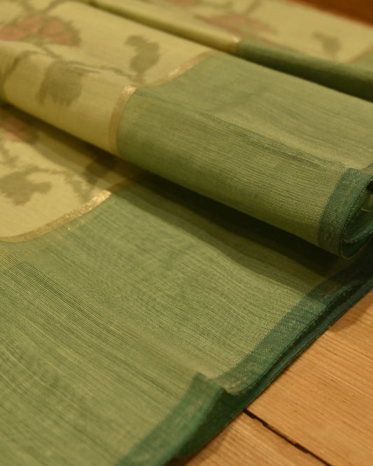 SEA GREEN POWERLOOM CHANDERI SAREE WITH IKAT WEAVE PATTERN