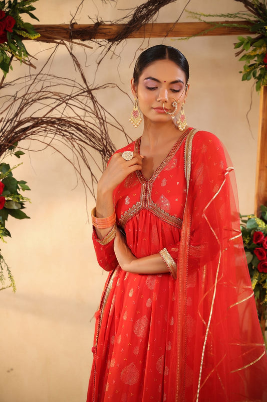 RED COLOUR CHIFFON SIDE SLIT SUIT WITH NET DUPATTA EMBELLISHED WITH CUTDANA & SEQUINS WORK