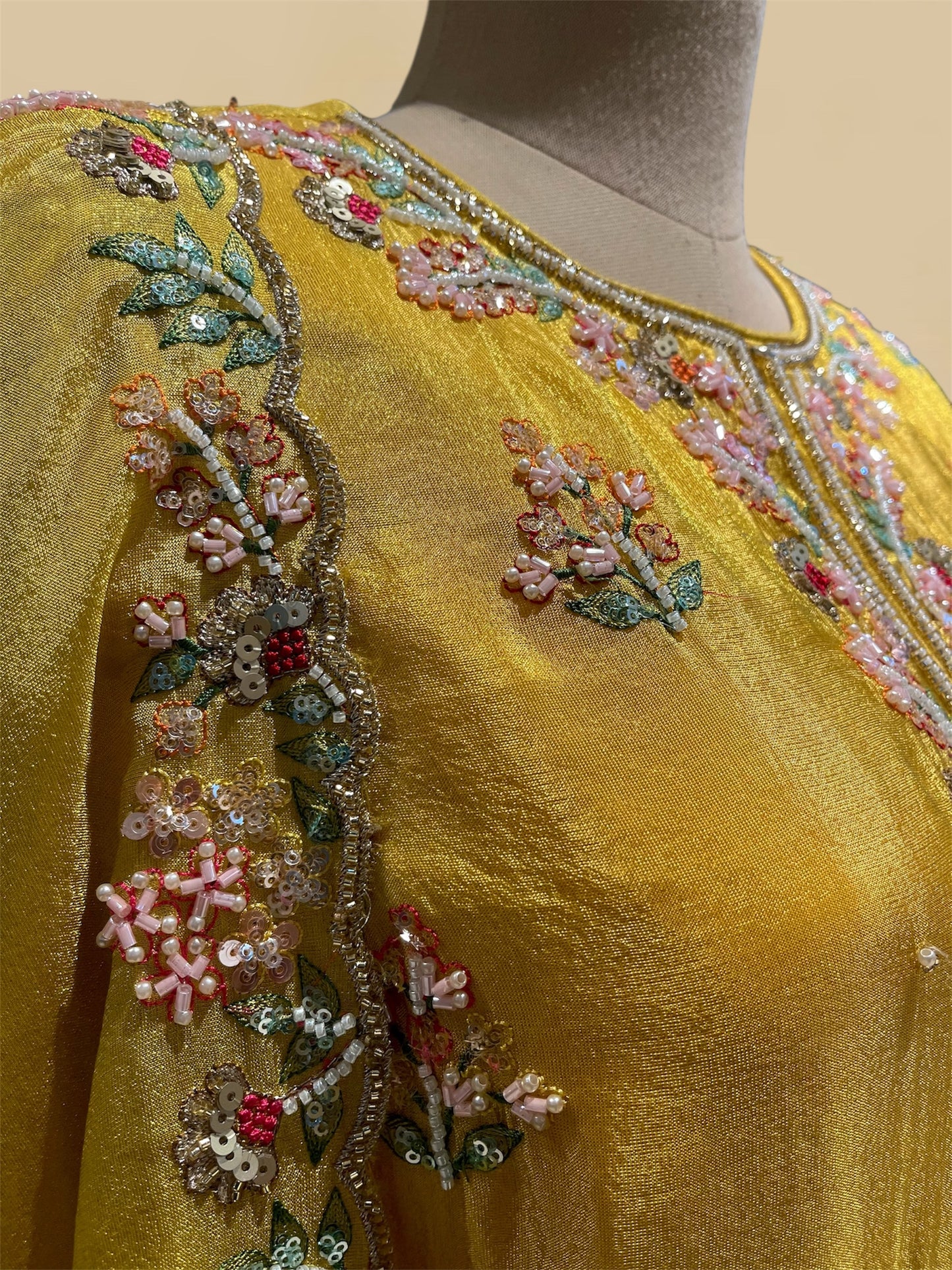 SUNFLOWER YELLOW TISSUE SHARARA SUIT EMBELLISHED WITH BEADS & THREAD WORK (DELIVERY IN 20 DAYS)