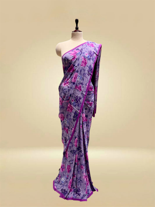 LAVENDER COLOUR PURE GEORGETTE FLORAL PRINTED SAREE (DELIVERY IN 20 DAYS)