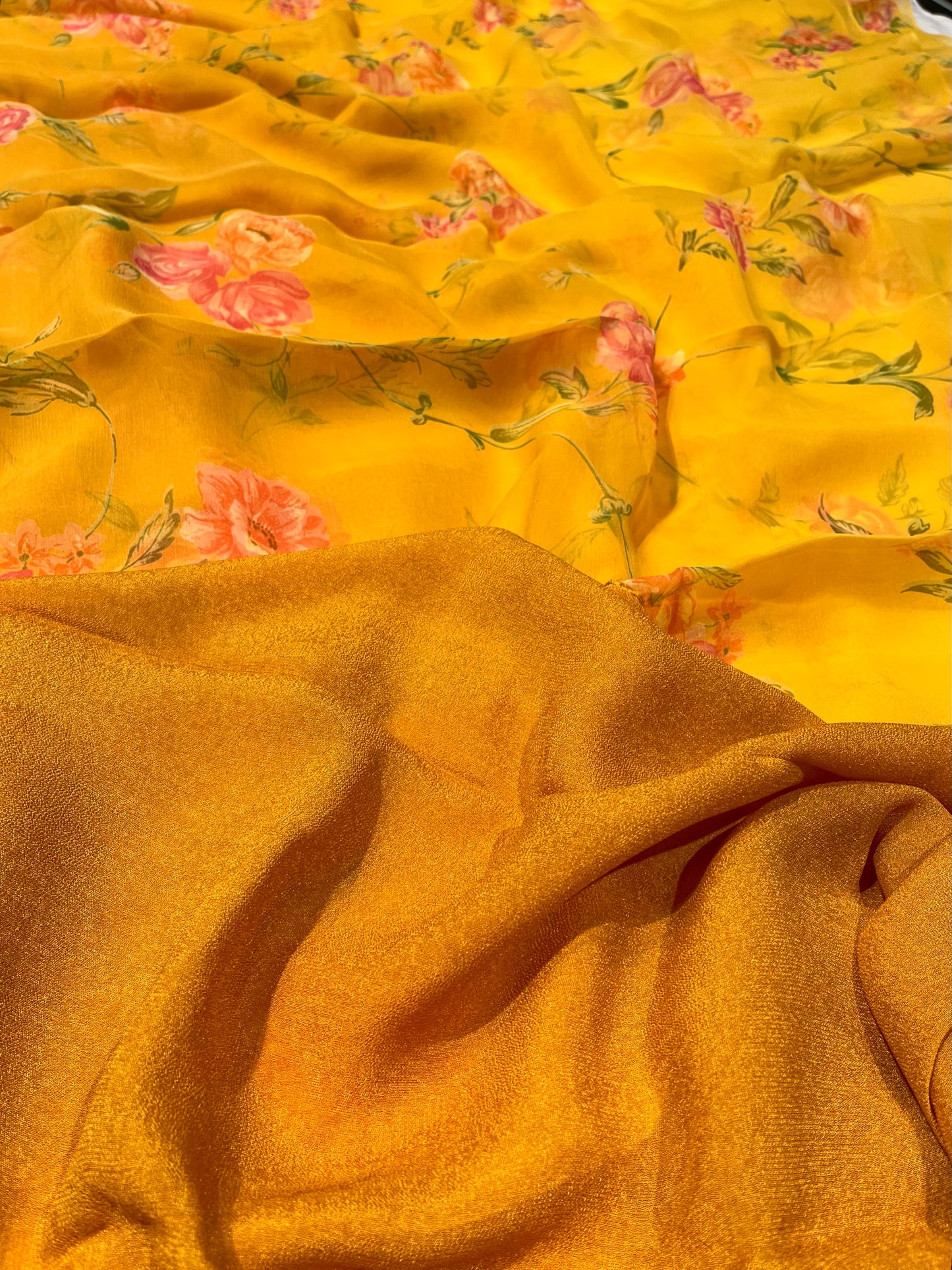 MUSTARD COLOUR SHADED CHIFFON FLORAL PRINTED SAREE