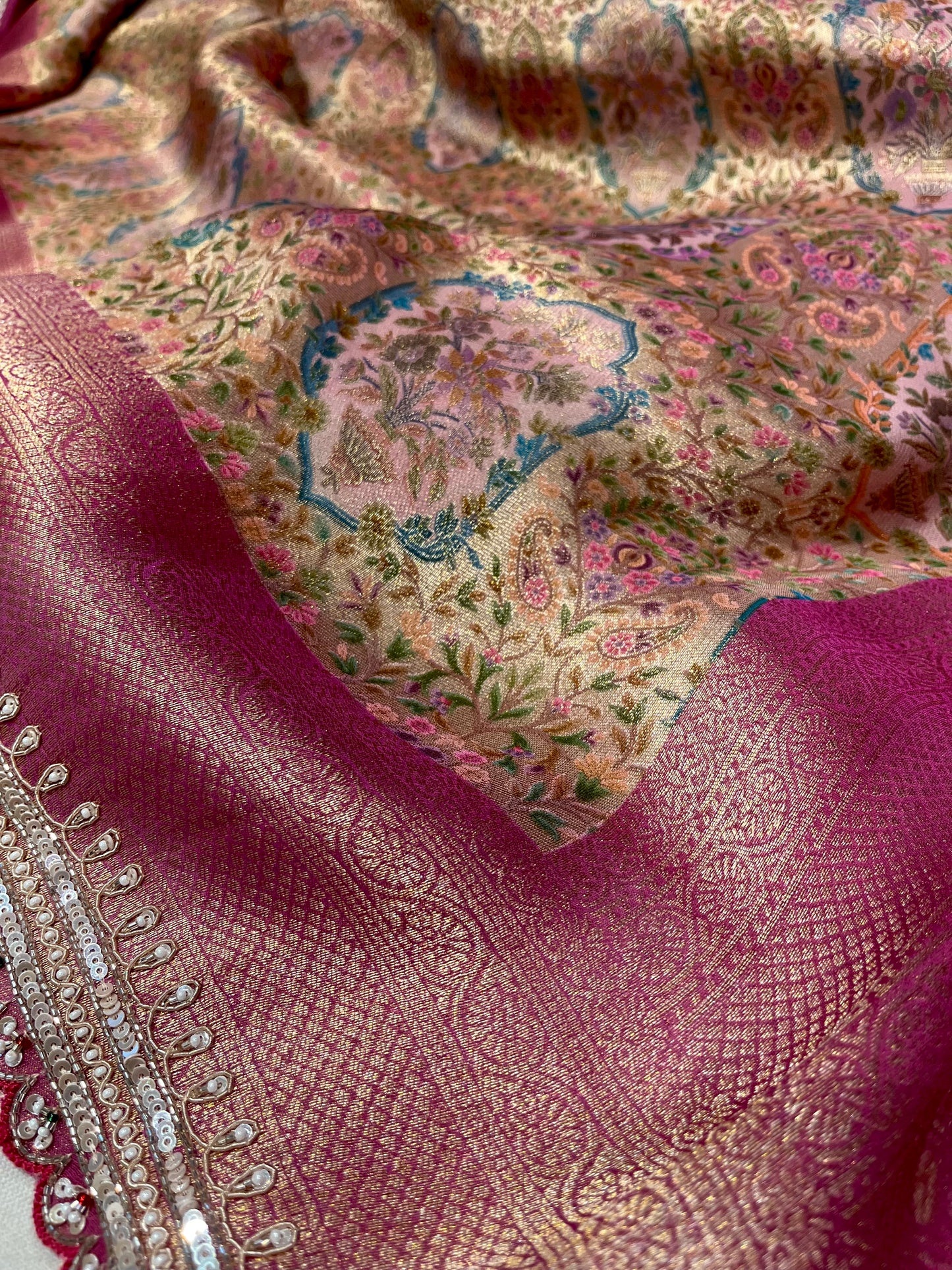 PINK BANARASI BROCADE SAREE WITH READYMADE BLOUSE EMBELLISHED WITH SEQUINS & ZARDOZI WORK