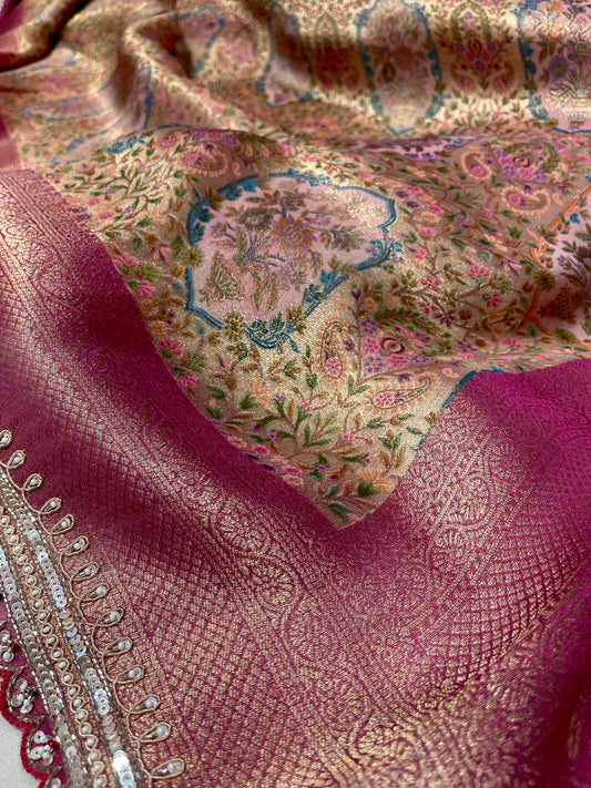 PINK BANARASI BROCADE SAREE WITH READYMADE BLOUSE EMBELLISHED WITH SEQUINS & ZARDOZI WORK