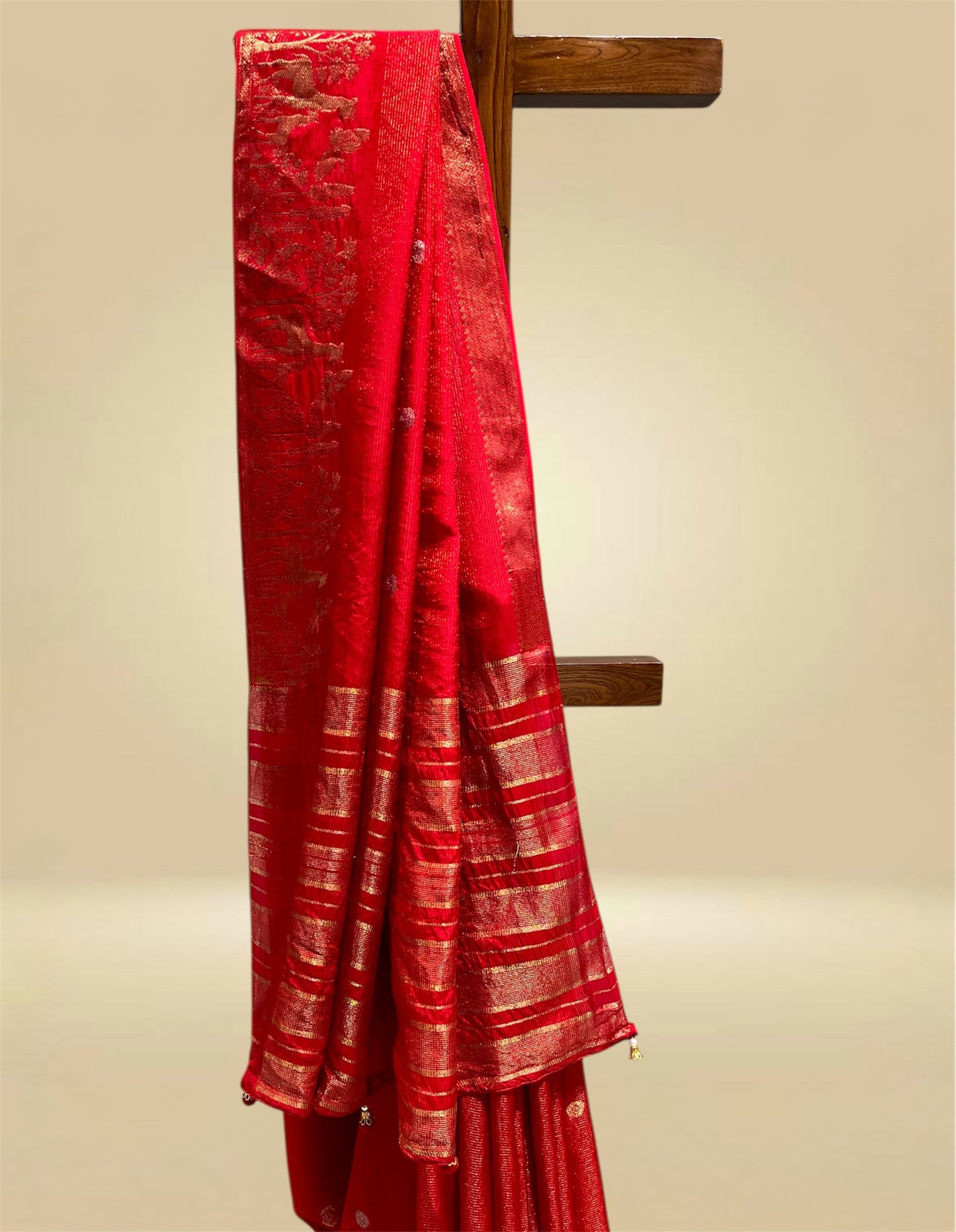 BRIGHT RED DOLA SILK ZARI STRIPE SAREE