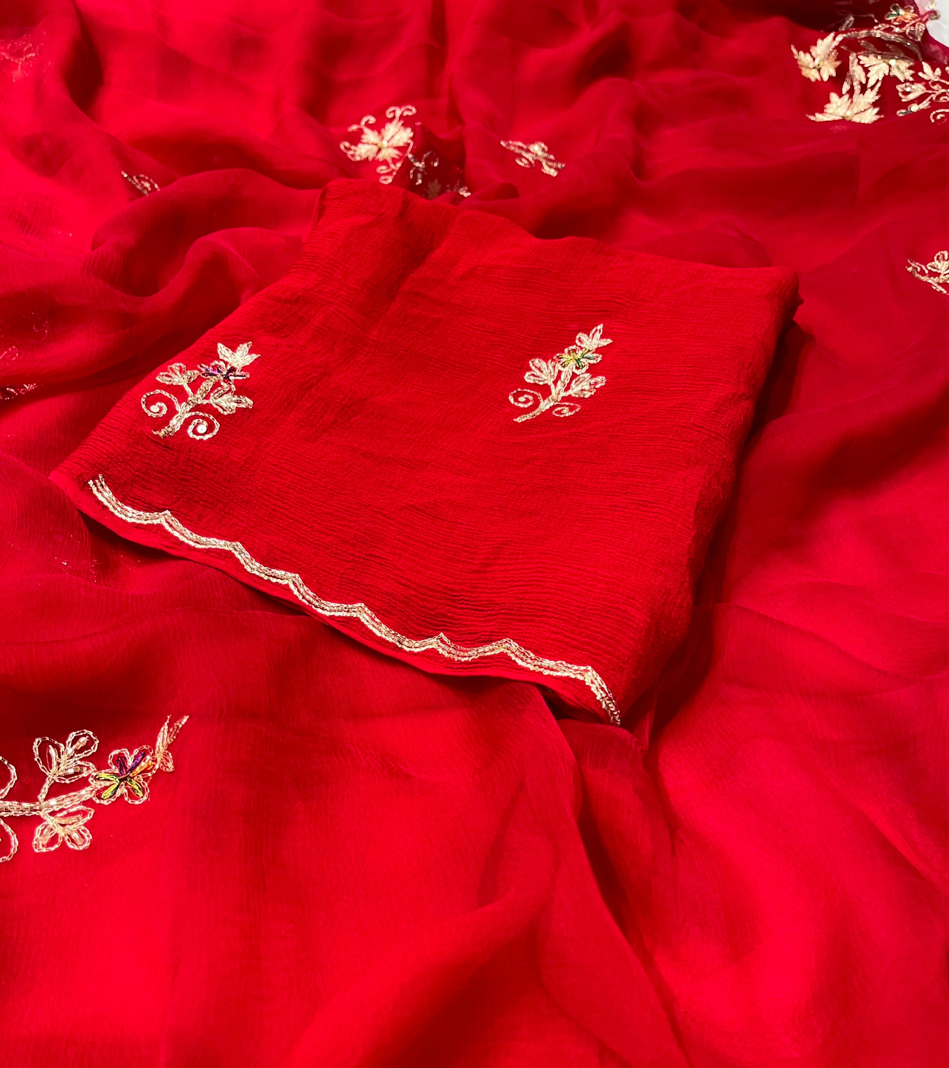 CRIMSON RED CHIFFON EMBROIDERED SAREE WITH AARI & CUTDANA WORK - Kothari Sons