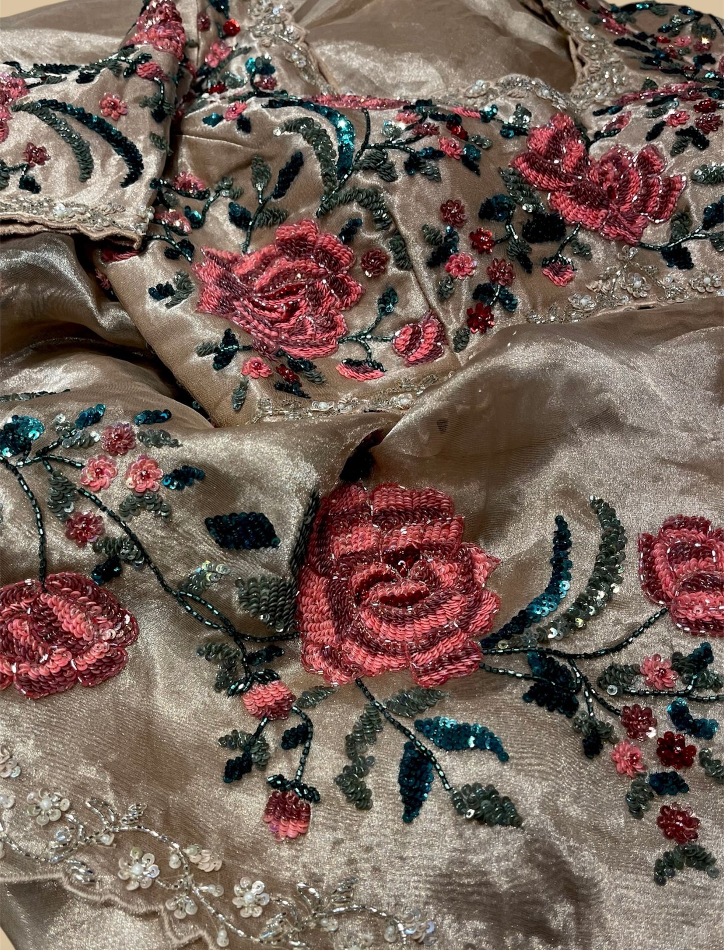 GOLDEN PURE TISSUE SEQUINS WORK HAND EMBROIDERED SAREE WITH READYMADE BLOUSE