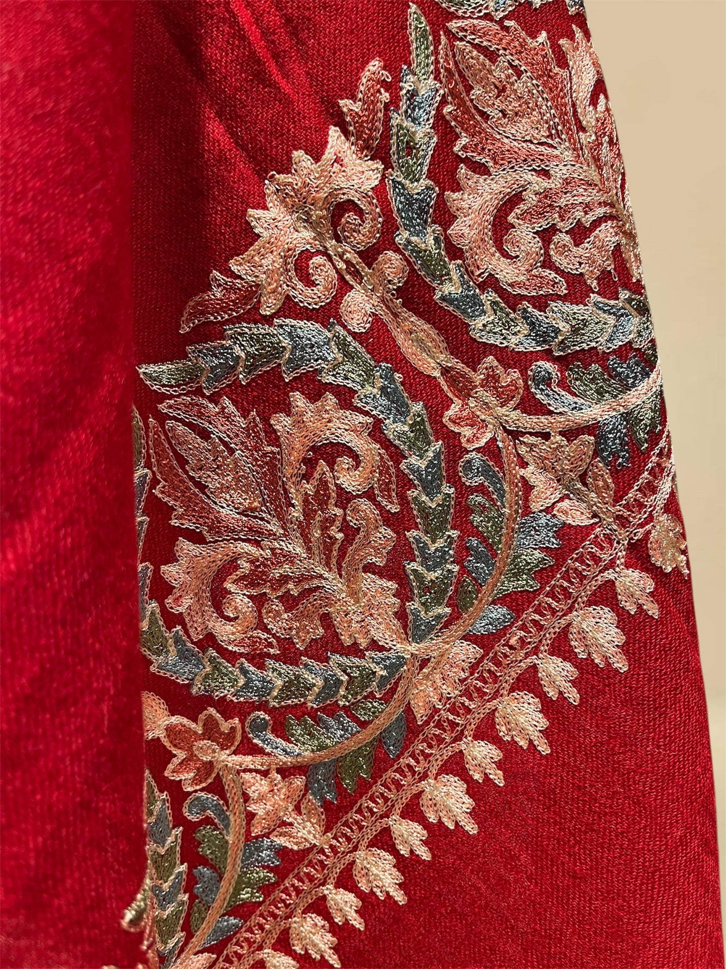RED WOOLLEN SHAWL WITH KASHMIRI RESHAM EMBROIDERED BORDER