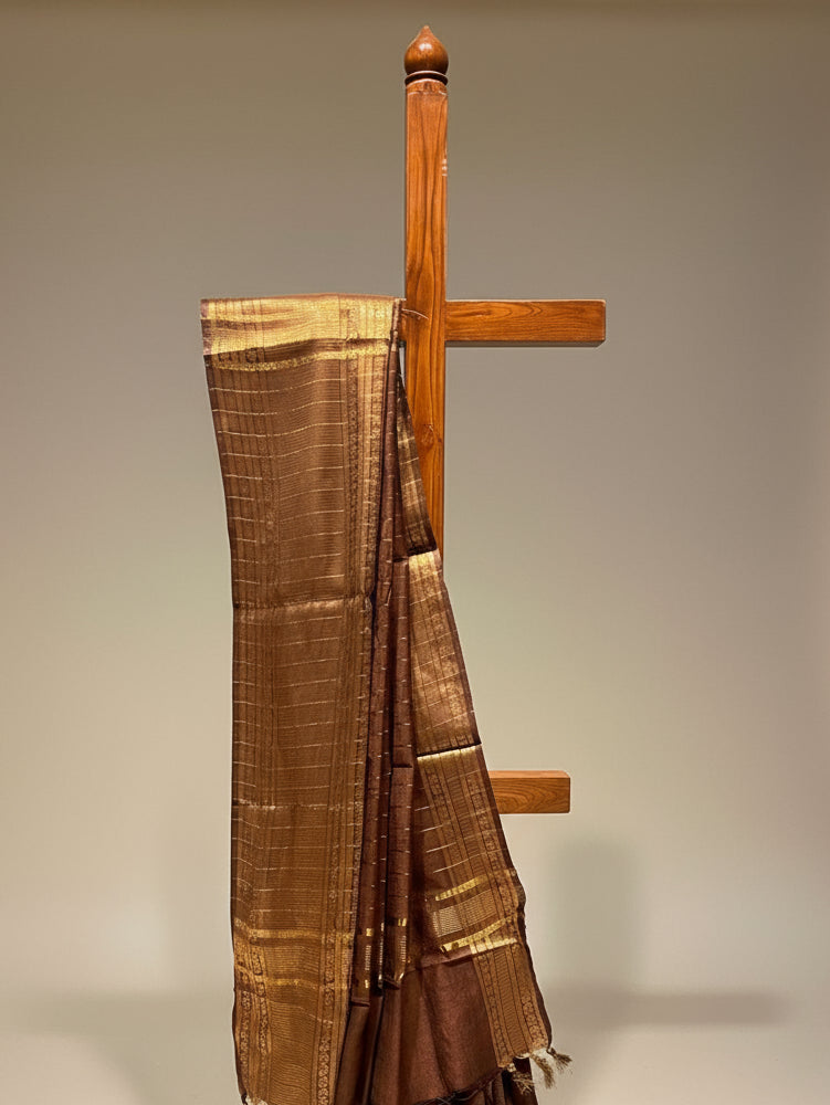 (DELIVERY IN 20 DAYS)BROWN MAHESHWARI SAREE EMBELLISHED WITH ZARI WEAVES