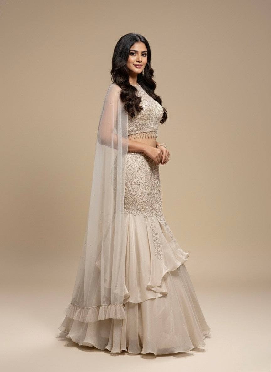 IVORY–GOLDEN FISHCUT LEHENGA WITH EMBROIDERED CROP TOP & NET CAPE