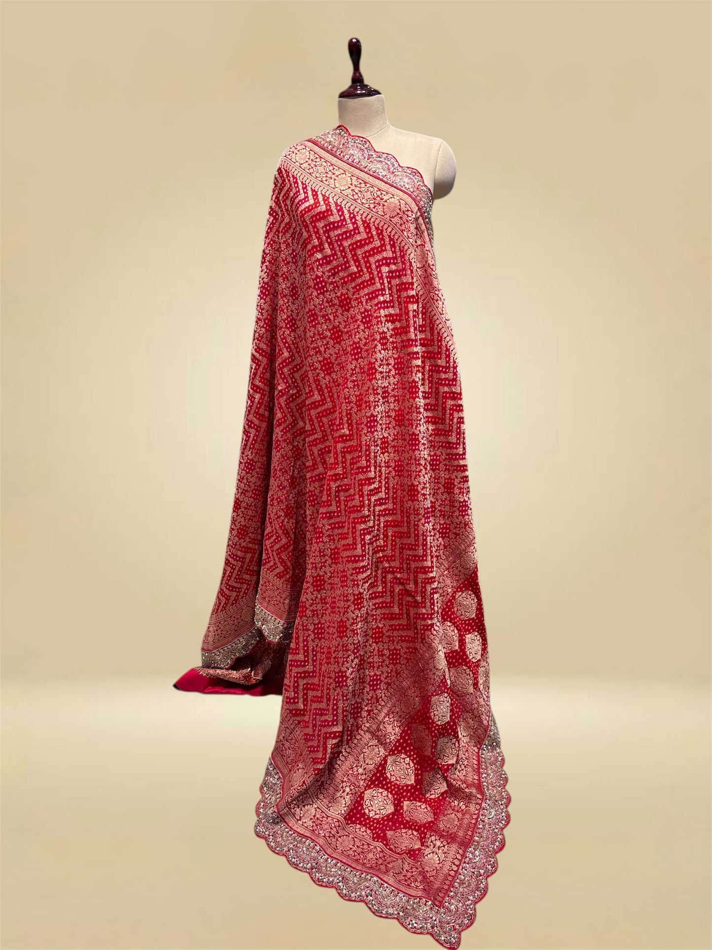 RED BANDHANI KHADDI DUPATTA WITH HAND-EMBROIDERED BORDER
