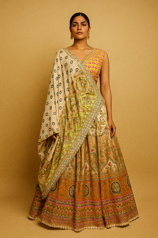 MULTICOLOR PRINTED SILK LEHENGA HIGHLIGHTED WITH PIPE WORK