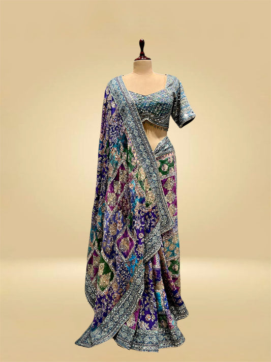 MULTICOLOURED CHINON SAREE EMBELLISHED WITH MIRROR & AARI WORK, PAIRED WITH A READYMADE BLOUSE
