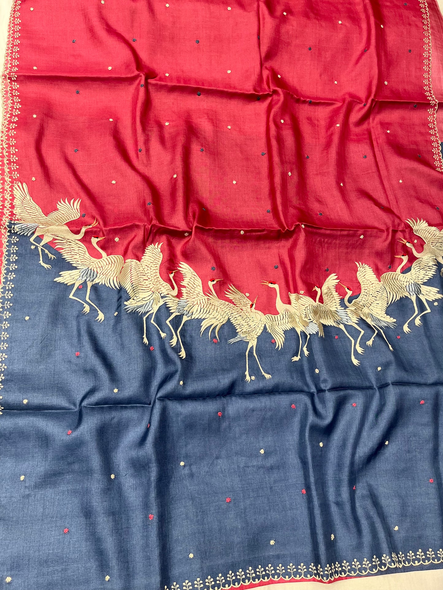 NAVY BLUE & RASPBERRY PINK PURE TUSSAR SILK SAREE EMBELLISHED WITH PARSI EMBROIDERY