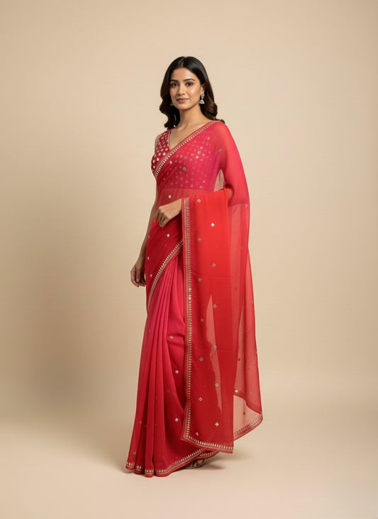 RED & PINK SHADED CHIFFON SAREE EMBELLISHED WITH FOIL MIRROR WORK - Kothari Sons