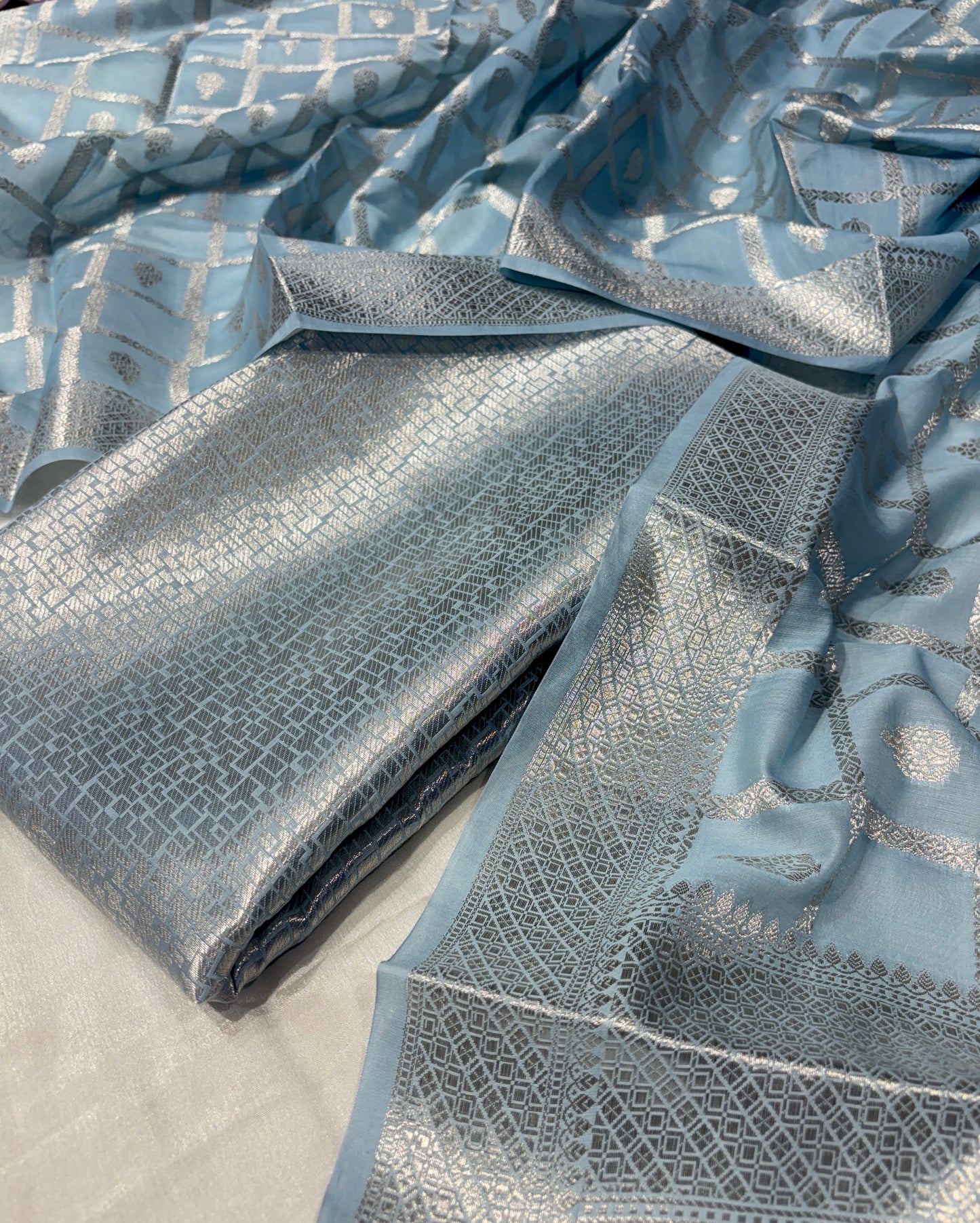 PASTEL BLUE CHANDERI UNSTITCHED SUIT SET (2 PIECE -KURTA & DUPATTA)