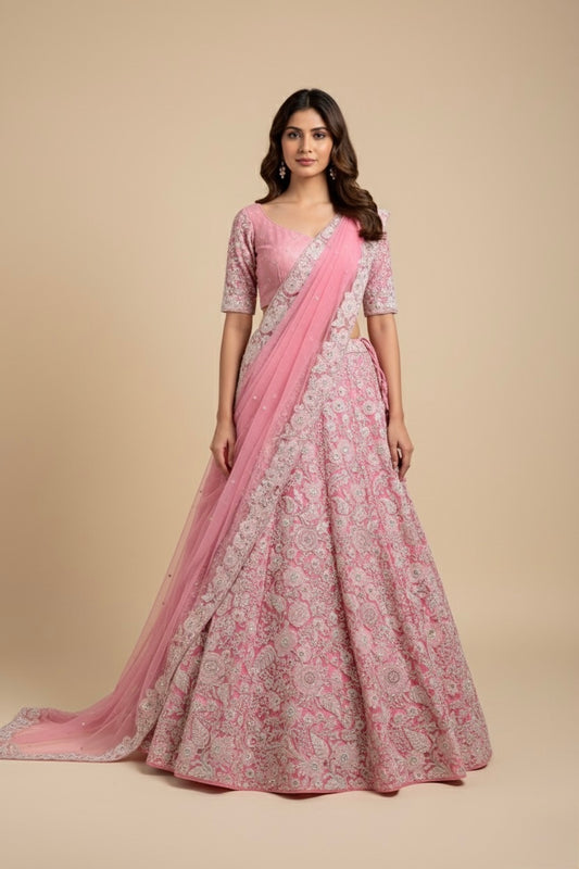 VIBRANT PINK NET LEHENGA WITH IVORY ORGANZA APPLIQUÉ WORK ACCENTED WITH PEARLS, BEADS & MIRRORS