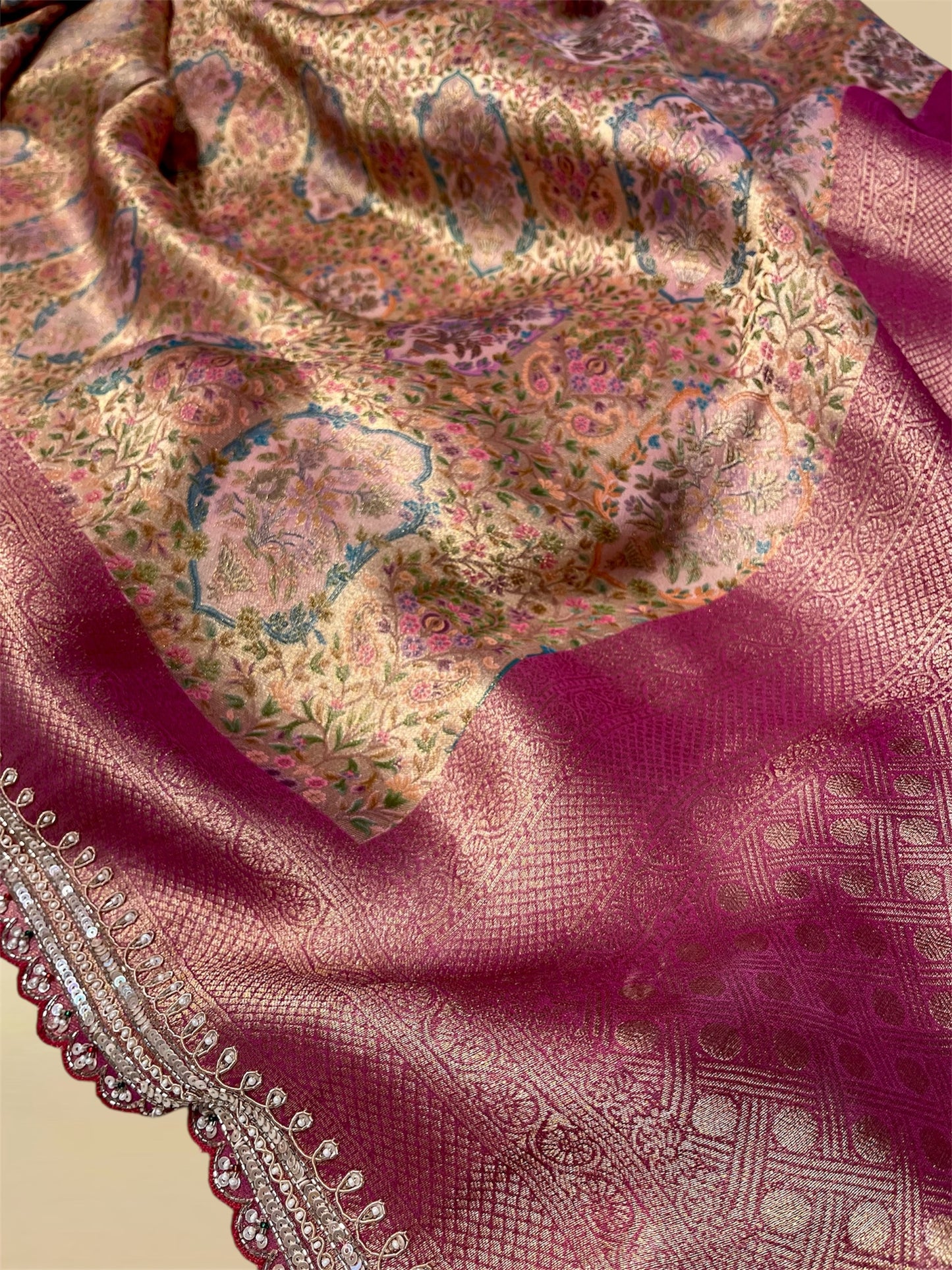 PINK BANARASI BROCADE SAREE WITH READYMADE BLOUSE EMBELLISHED WITH SEQUINS & ZARDOZI WORK