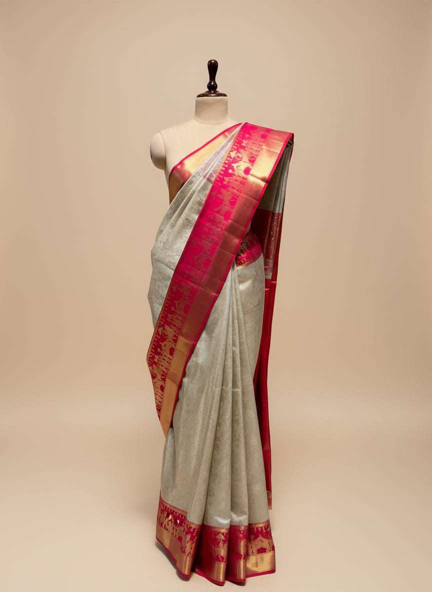 IVORY AND CRIMSON RED PURE KANJIVARAM SILK SAREE