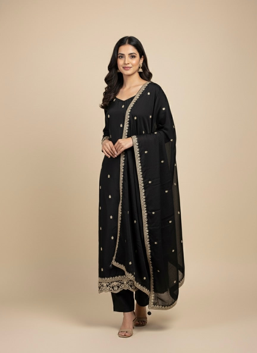 BLACK PLANT BASED SILK EMBROIDERED UNSTITCHED SUIT