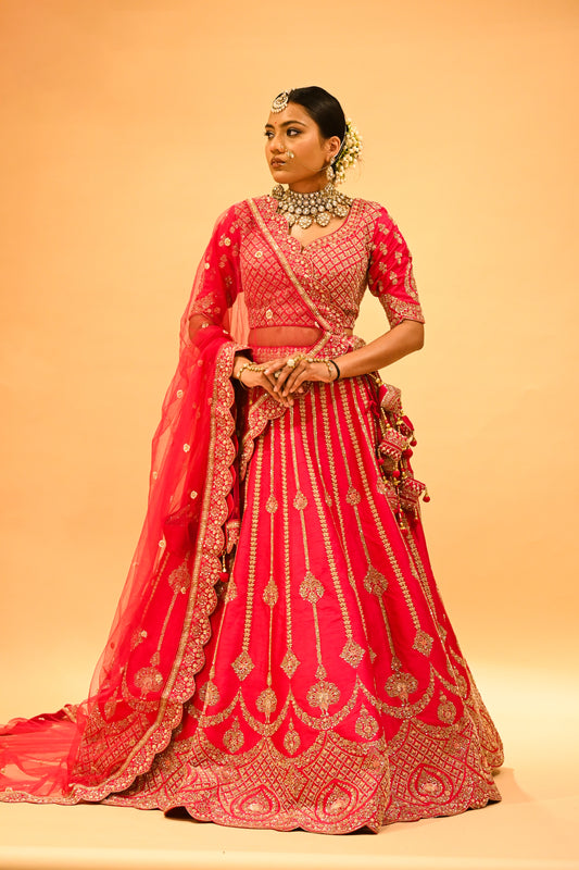 RANI HAND-EMBROIDERED BRIDAL LEHENGA WITH READYMADE BLOUSE, NET DUPATTA & EMBROIDERED TASSELS