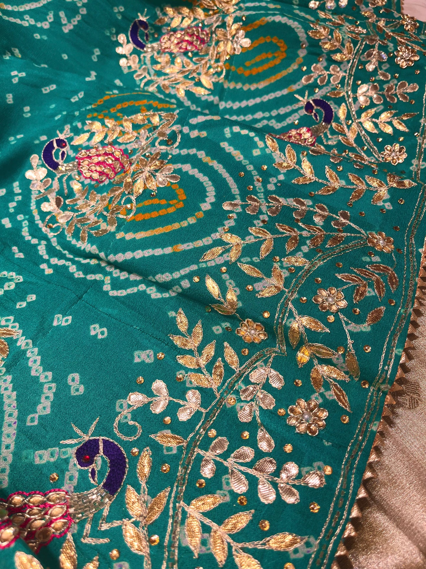 TEAL AND FUCHSIA COLOUR PURE GEORGETTE OJARIYA LEHENGA WITH GOTA PATTI WORK