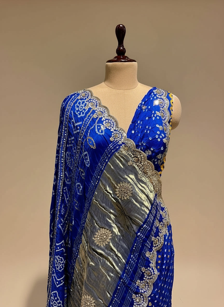 SAPPHIRE BLUE SATIN SILK BANDHANI SAREE WITH FOIL MIRROR WORK - Kothari Sons
