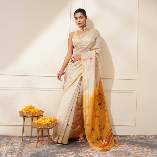 CHANDERI JAMDANI SAREE WITH YELLOW COLOUR CONTRAST PALLA & BLOUSE