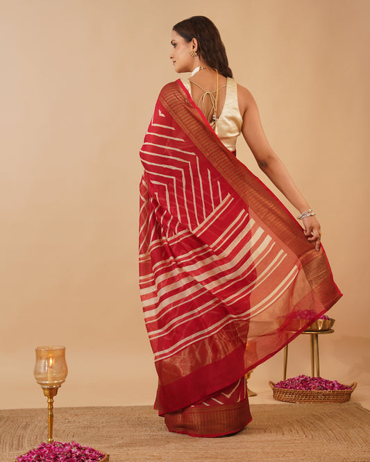 RED COLOUR CHANDERI PRINTED SAREE WITH ANTIQUE ZARI BORDER
