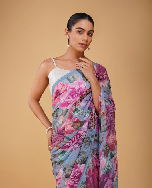 PURE PLATINUM CORNFLOWER BLUE PRINTED CHIFFON SAREE WITH SELF-PRINTED CREPE BLOUSE