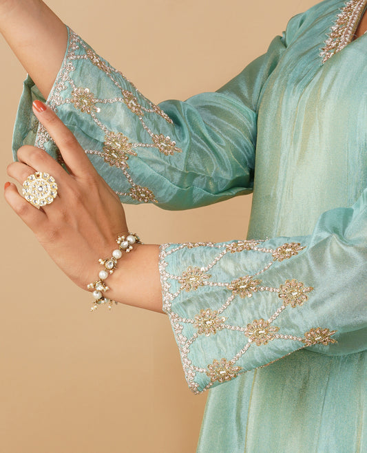 ( DELIVERY IN 20 DAYS ) SEAFOAM BLUE TISSUE ANARKALI SUIT WITH ZARDOZI EMBROIDERY PAIRED WITH PALAZZO AND DUPATTA