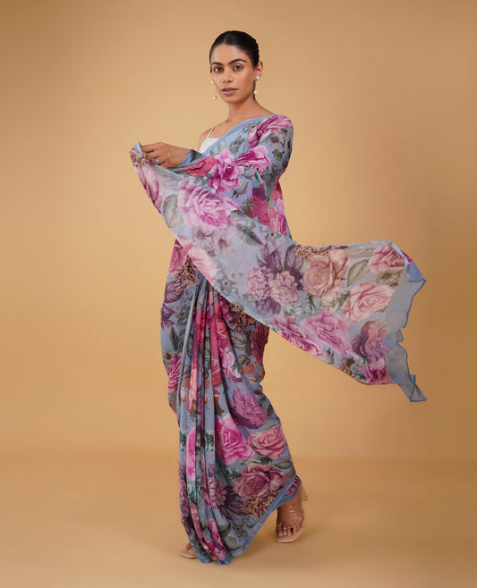 PURE PLATINUM CORNFLOWER BLUE PRINTED CHIFFON SAREE WITH SELF-PRINTED CREPE BLOUSE