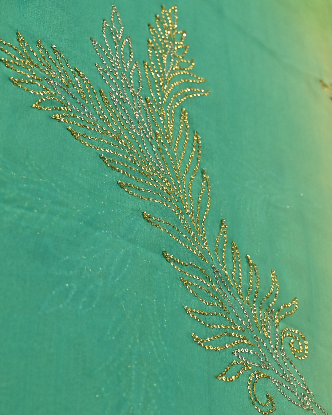 (DELIVERY IN 30 DAYS) SHADED SEA GREEN SAREE WITH GOLDEN SILVER SEQUINS EMBROIDERED LEAF MOTIFS